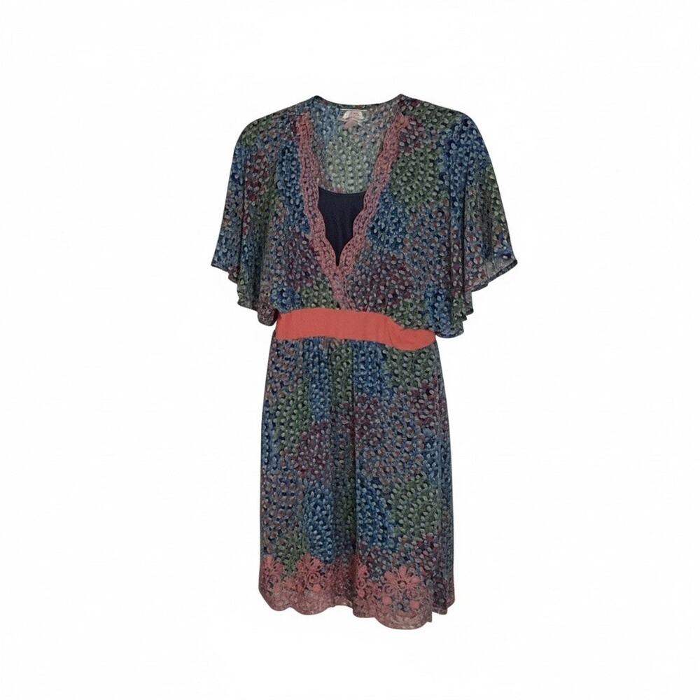 Flying Tomatoes V-Neck Floral Print Colorful Boho-Chic Dress Flutter sleeve Med.